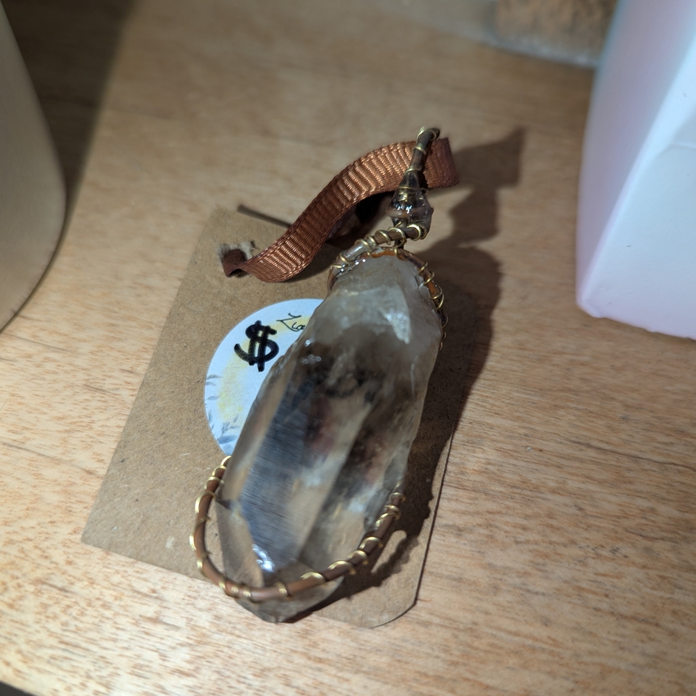 Silver and Brown Crystal Necklace with Artistic Wire Wrap